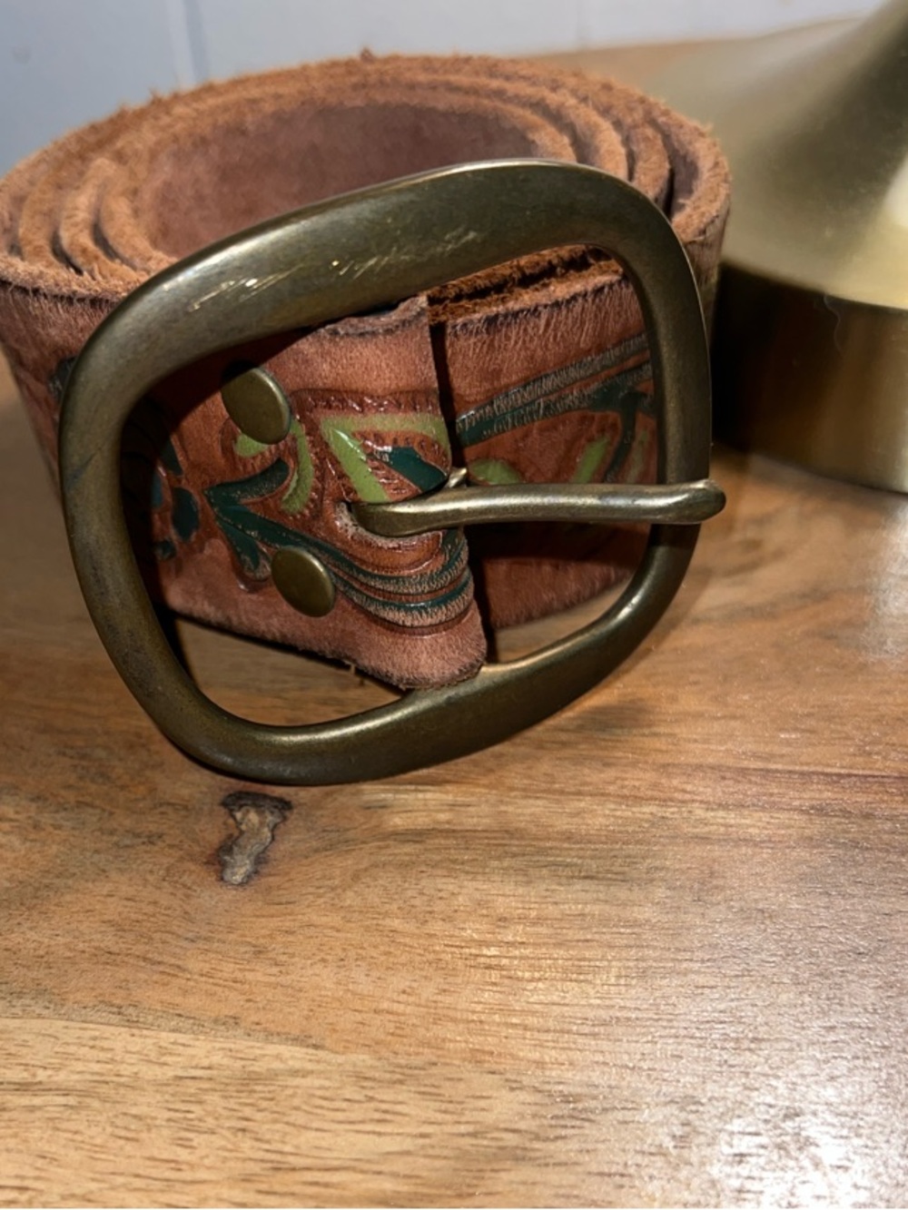 Vintage Abercrombie Brown Leather Floral-Tooled Belt with Antique Brass Buckle